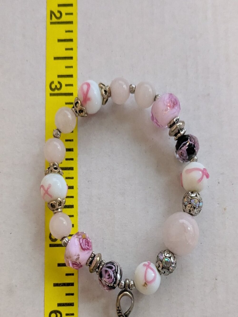 Stretchy Breast Cancer Awareness Rose Quartz Beaded Silver Tone Bracelet